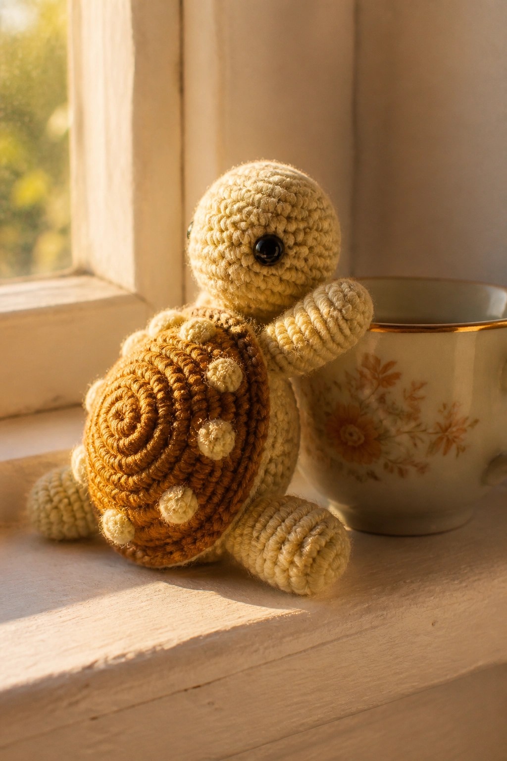 Crocheted beige turtle with brown shell beside floral teacup on sunny windowsill