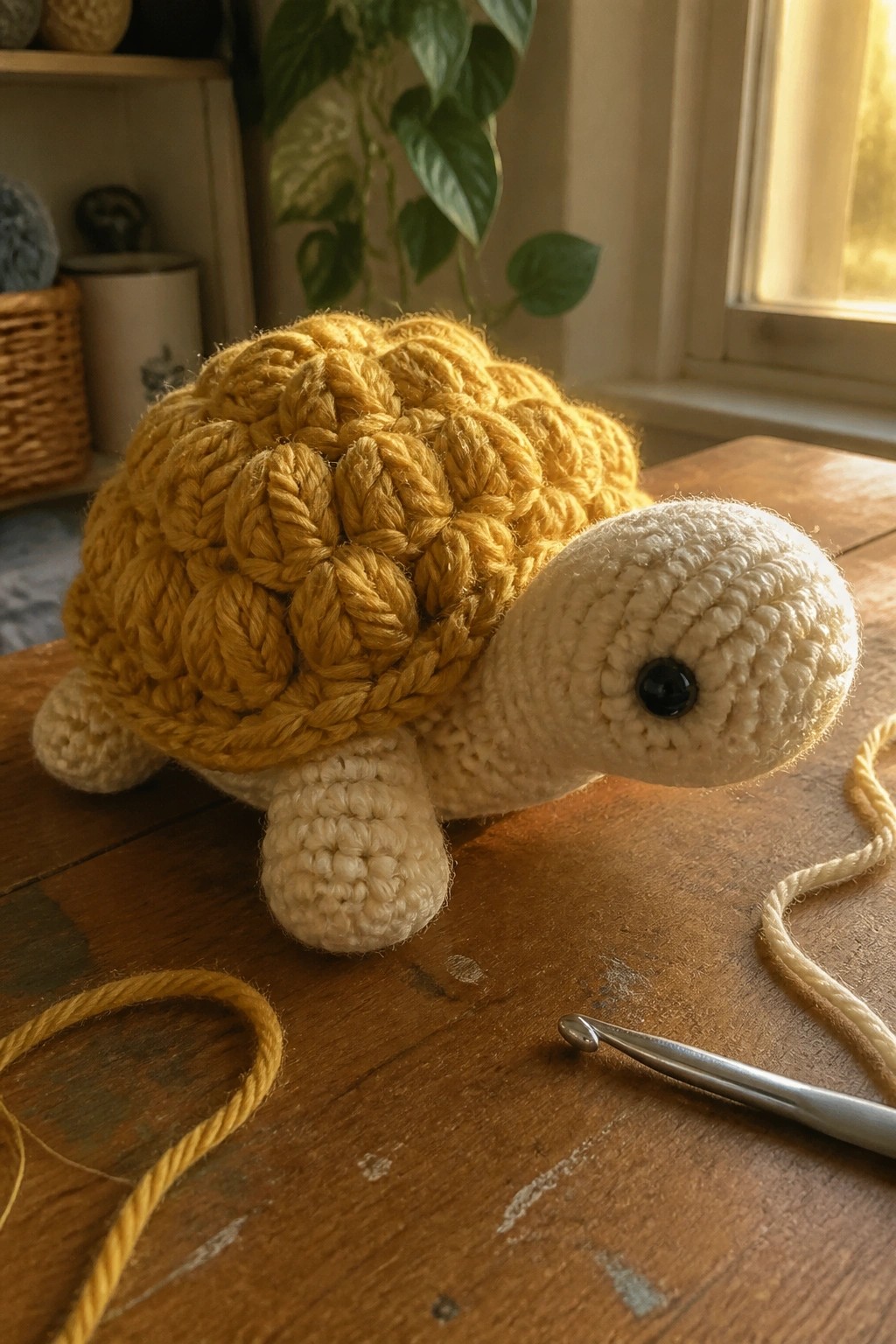 Yellow crocheted turtle toy on wooden table with hook and yarn nearby