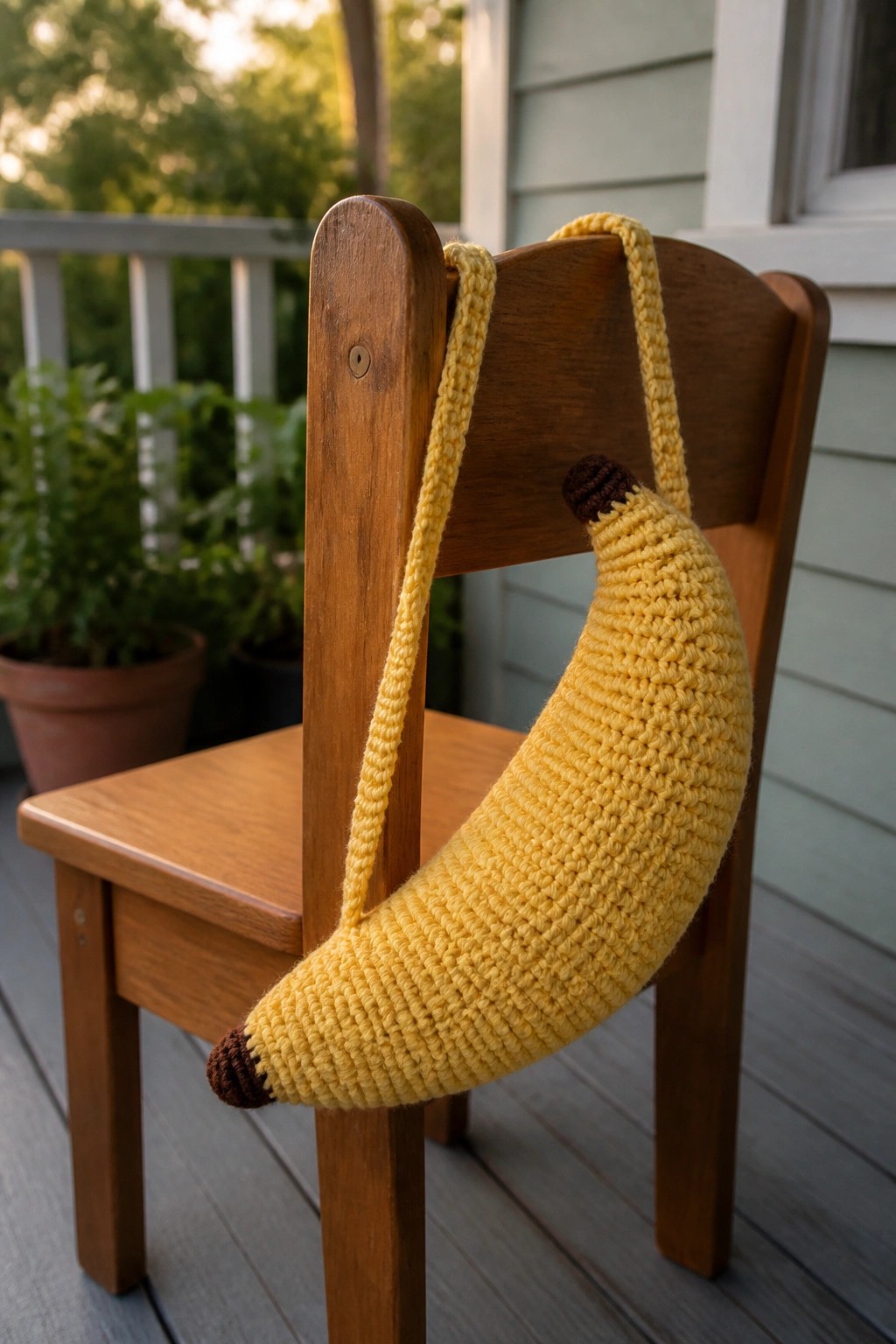 Yellow crocheted banana bag hanging over back of wooden chair on porch