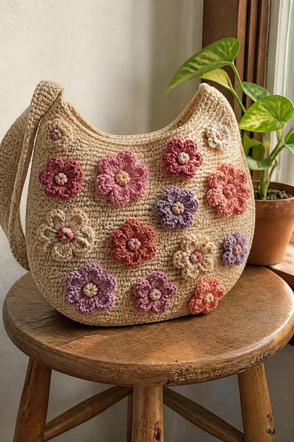 Beige crocheted shoulder bag with colorful floral appliques on wooden stool.