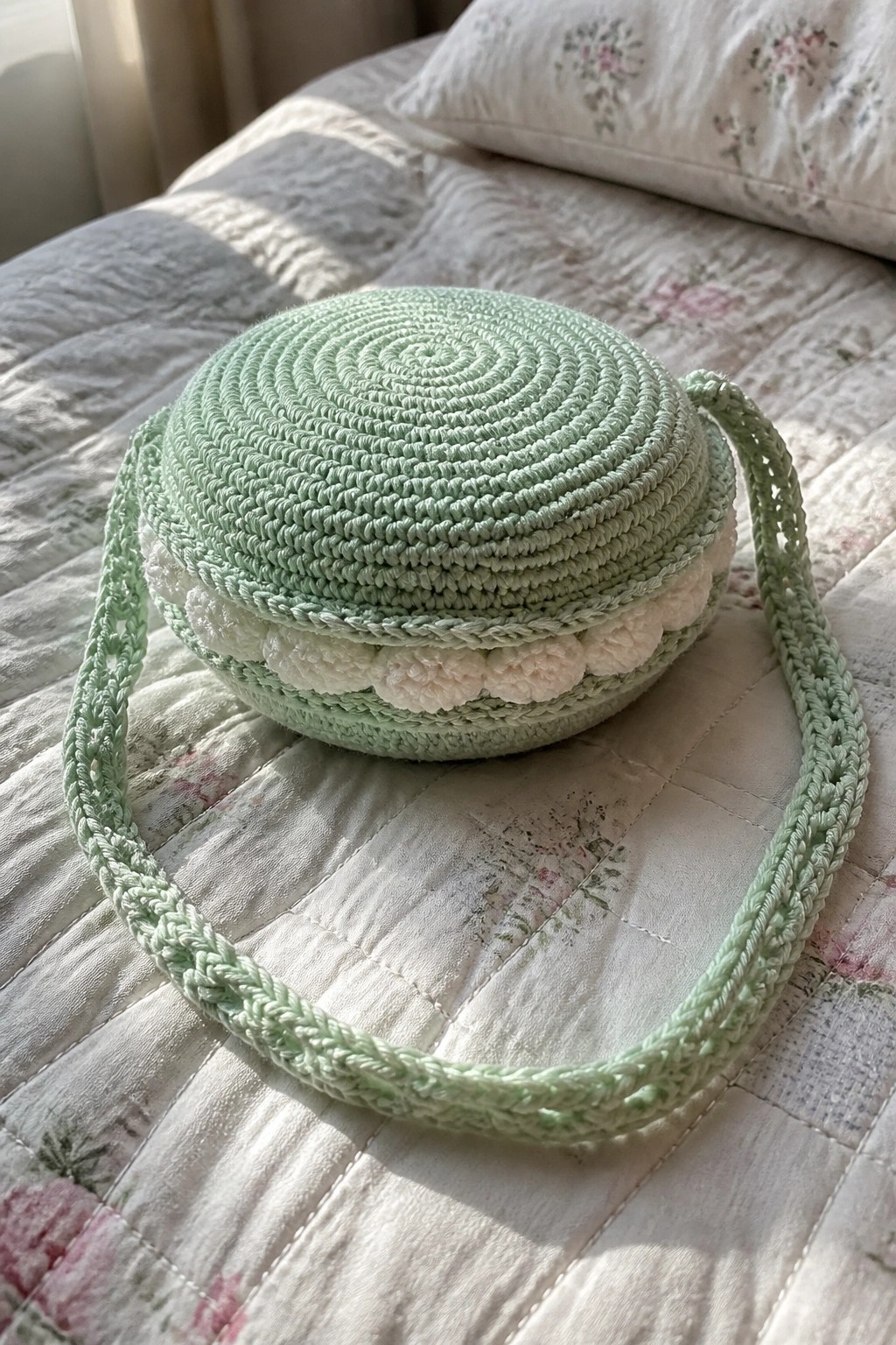 Mint green crocheted macaron purse with white filling on floral quilted bed