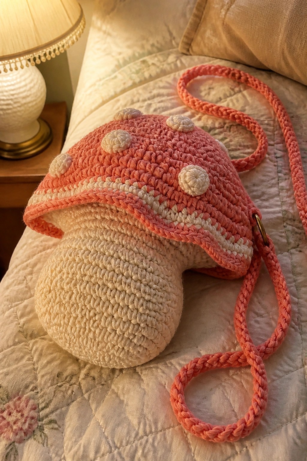 Pink crocheted mushroom bag with white dots on floral quilted bed.