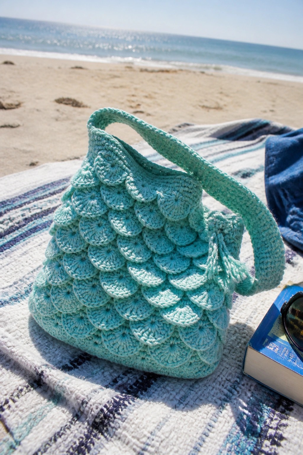 Mint green crocheted handbag with scalloped pattern on striped beach towel by ocean