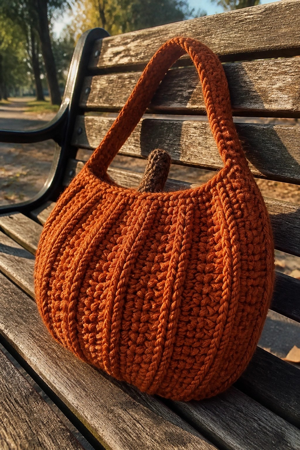 Orange crocheted pumpkin handbag with brown stem on wooden park bench.