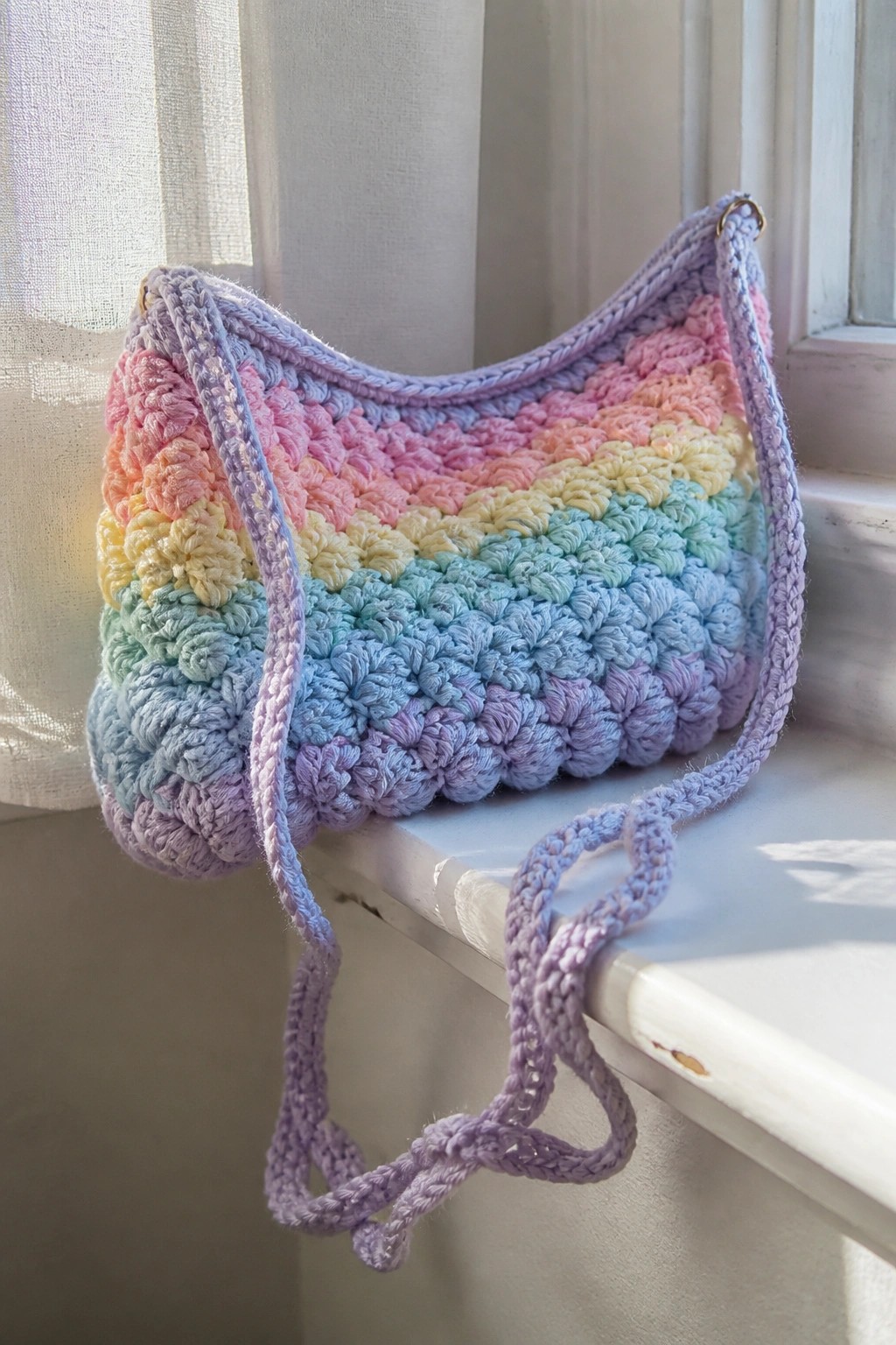 Pastel rainbow crocheted bobble-stitch bag resting on a white windowsill in sunlight