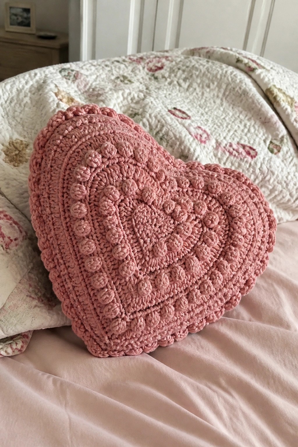Pink crocheted heart pillow on floral quilt and pink sheets