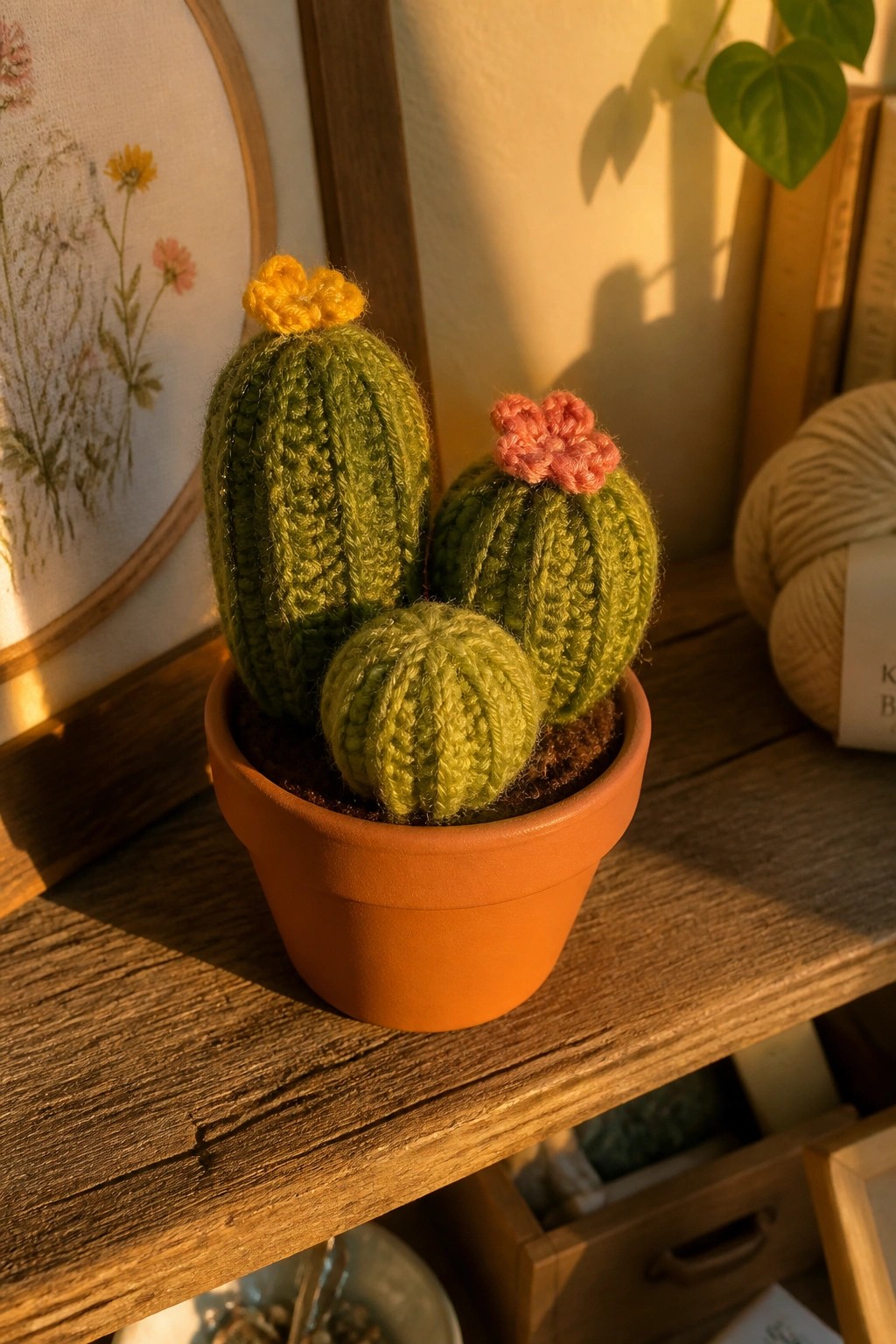 Three crocheted green cacti with pink and yellow flowers in a terracotta pot