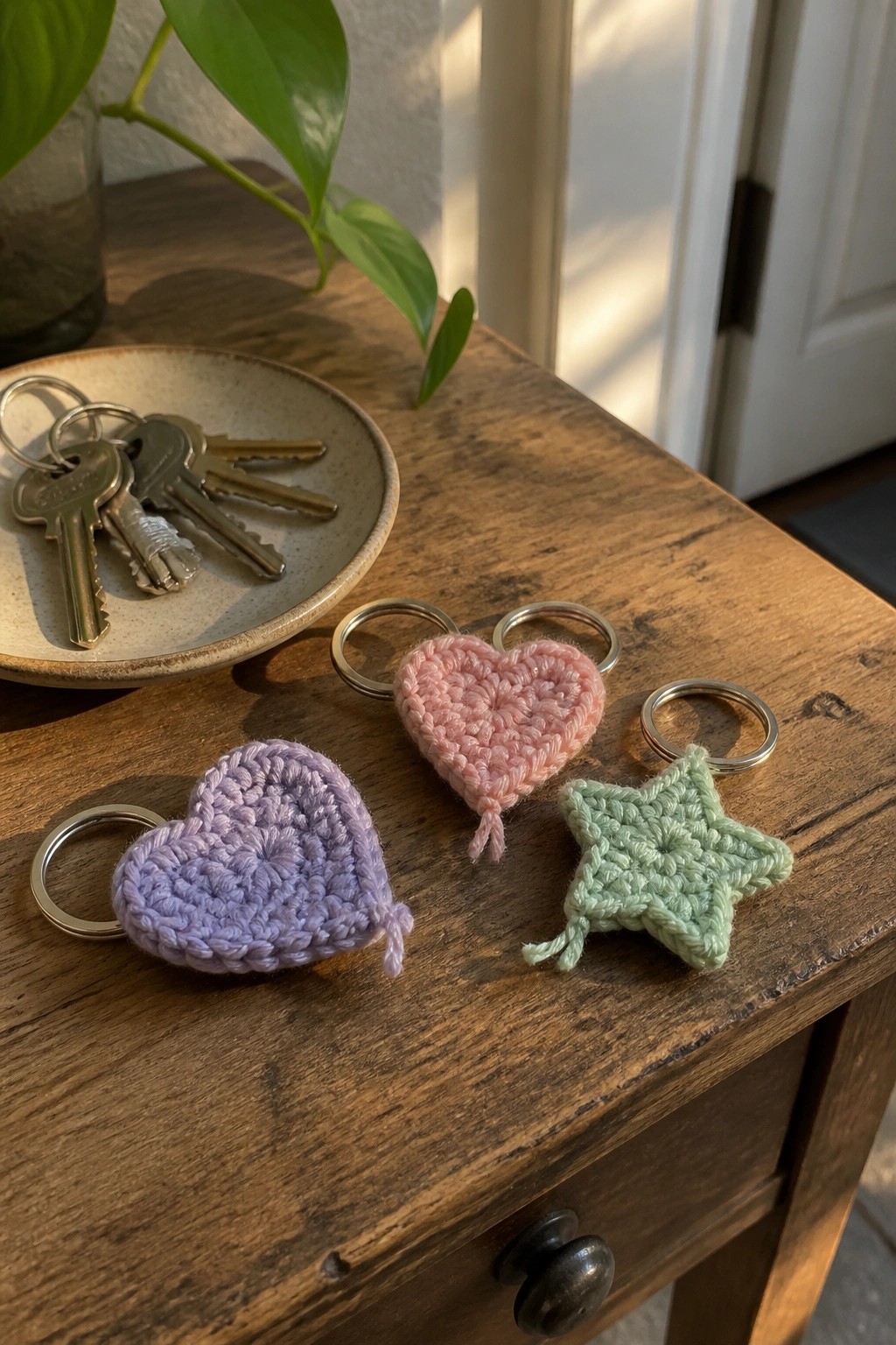 Purple crocheted heart, pink heart, and green star keychains on wooden table.