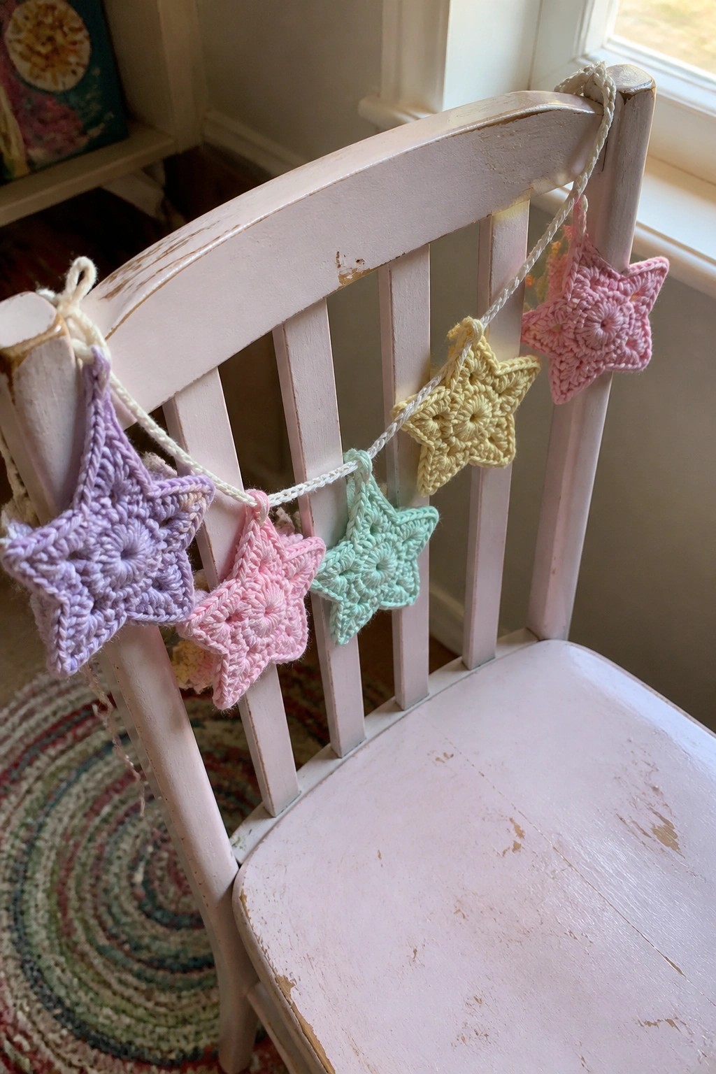 Pastel crocheted stars in pink, purple, yellow, and mint hang from a string draped over a white wooden chair.