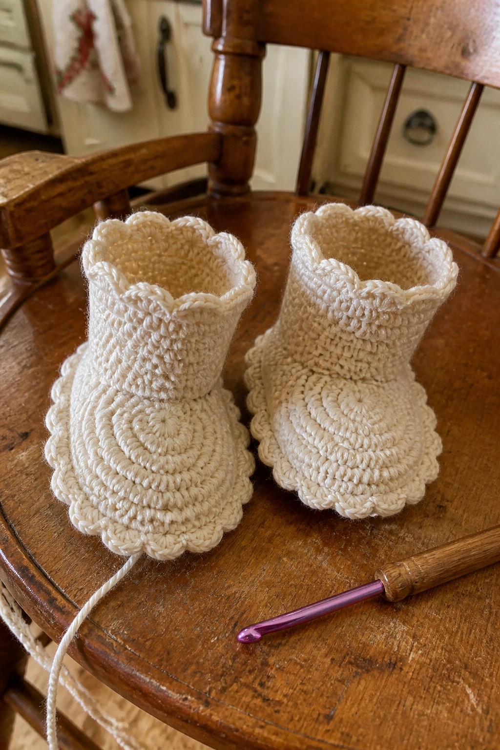 Two cream crocheted baby booties with scalloped edges beside crochet hook on wooden chair.