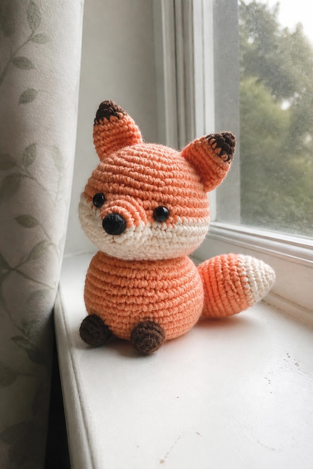 Crocheted orange fox toy with white muzzle on windowsill by curtain