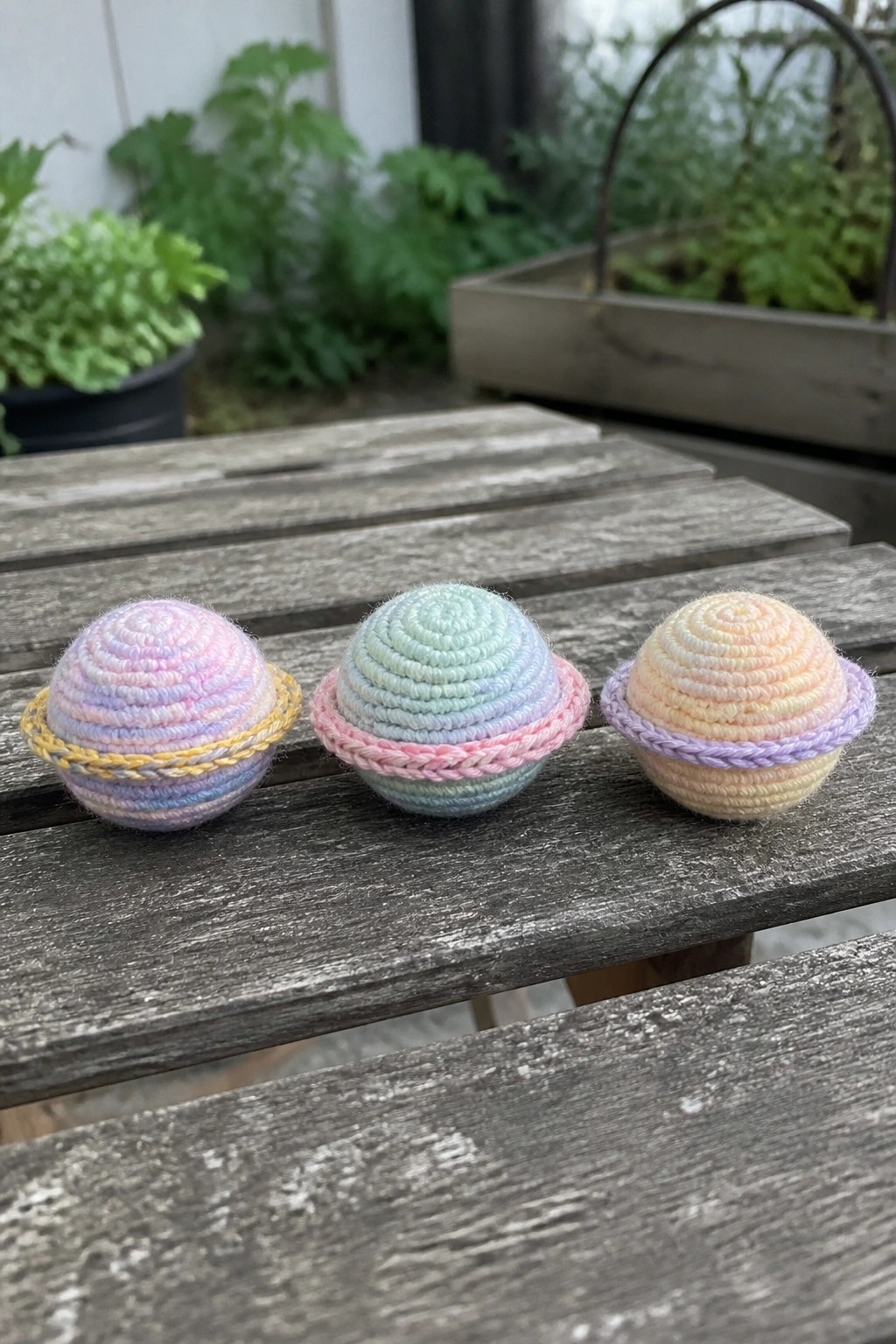 Three pastel crocheted planets with rings on a weathered wooden table.