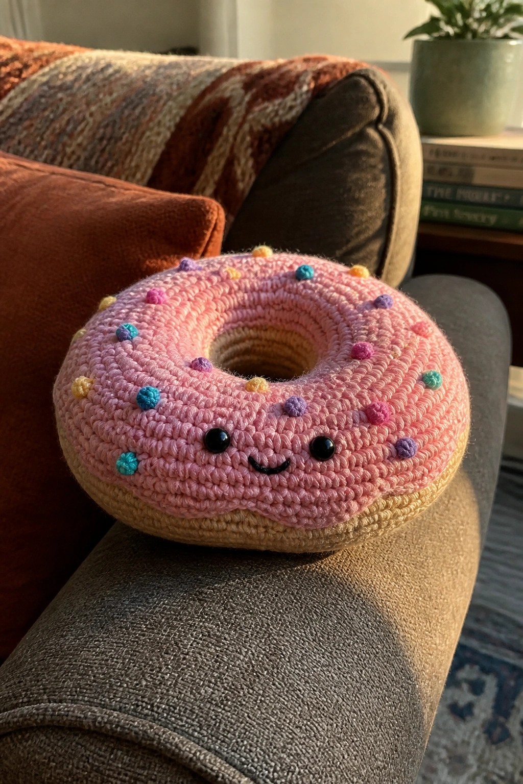 Pink crocheted donut plush with smiling face and colorful sprinkles on gray couch