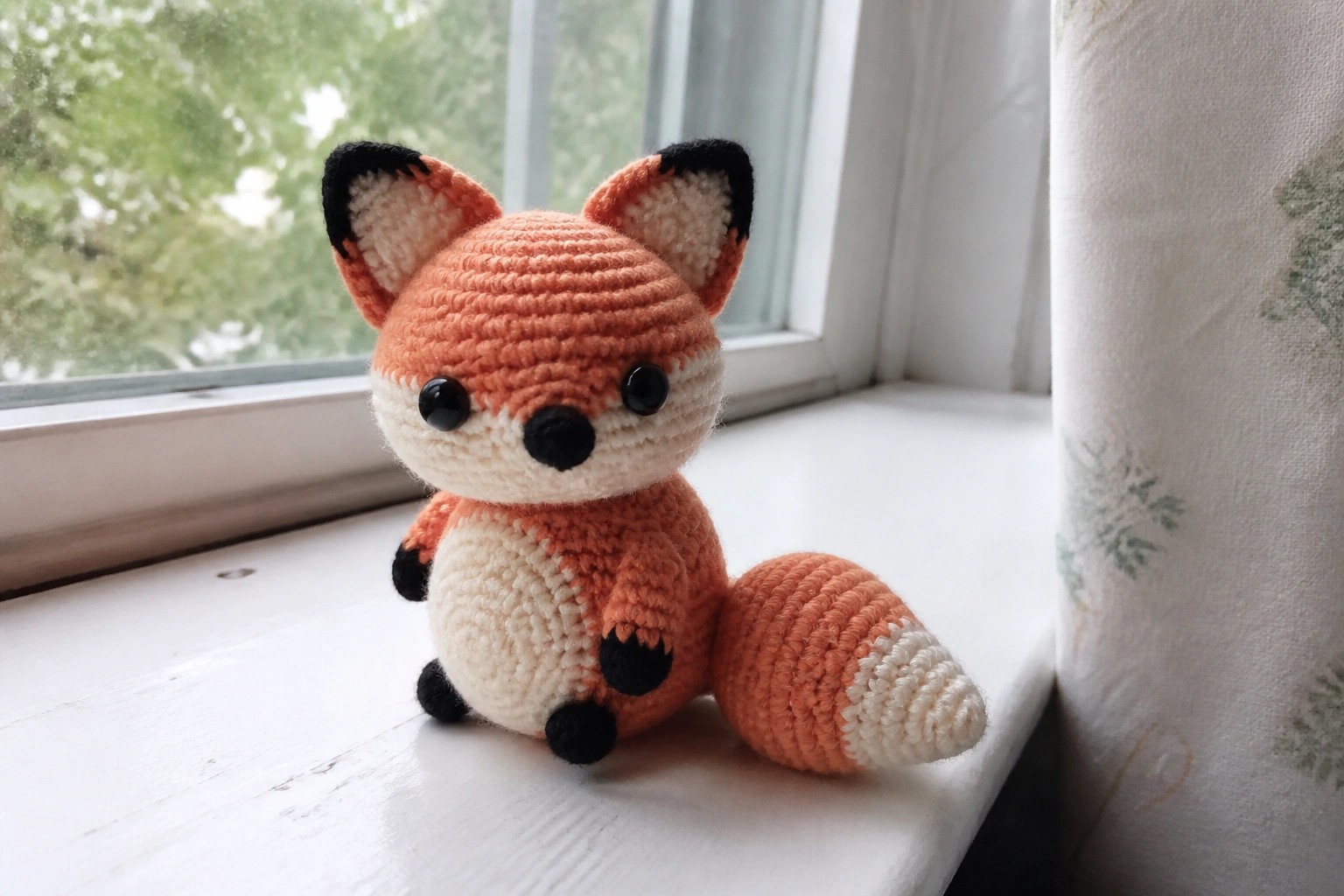 Crocheted orange fox toy with white muzzle on windowsill by curtain