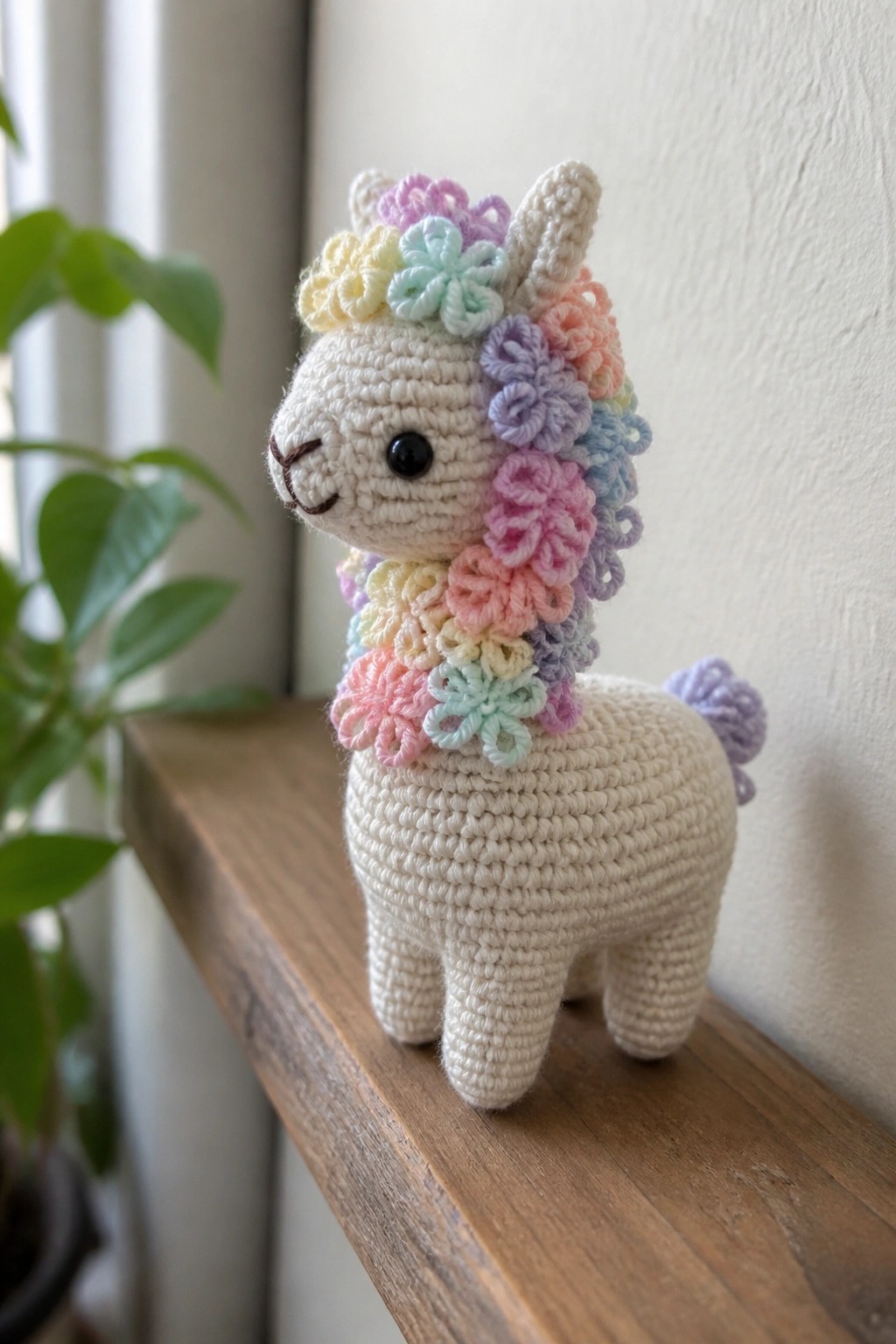 A small off-white crocheted llama with a rainbow flower mane sits on a wooden shelf next to a plant.