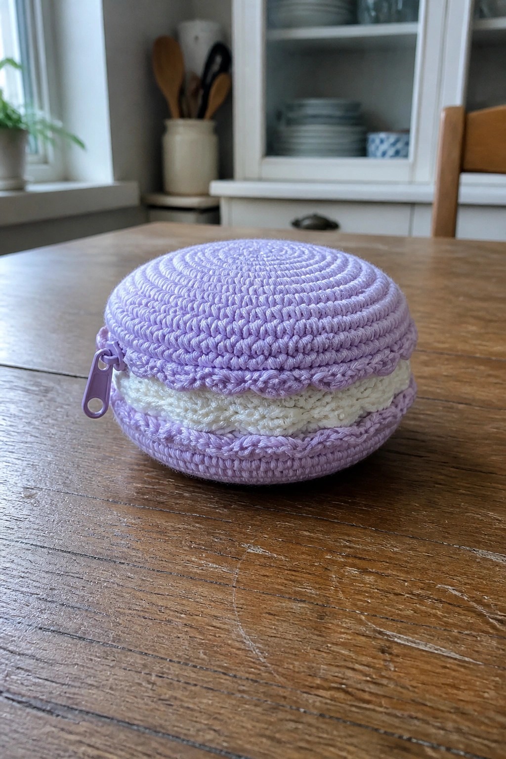 Purple crocheted macaron pouch with white middle and zipper on wooden table