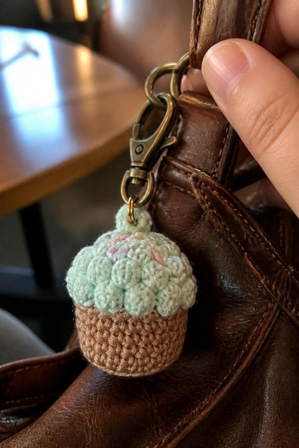 Crocheted mint green cupcake keychain on brown leather bag clasp