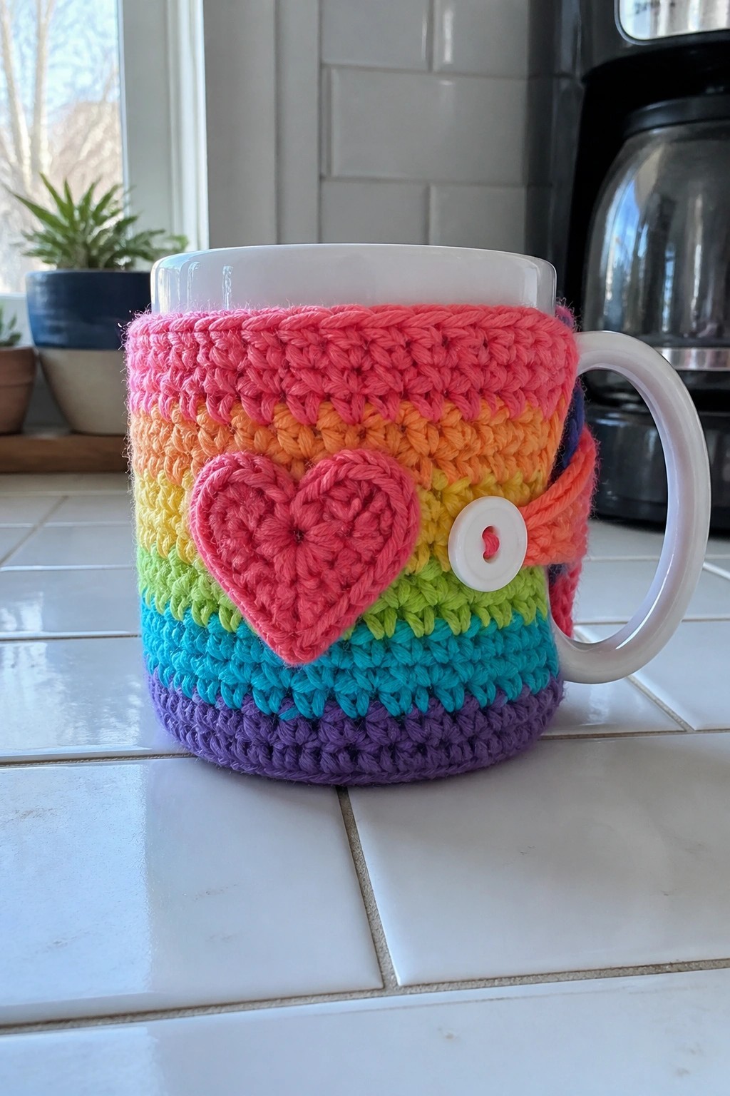 Rainbow crocheted cozy with pink heart and button on white mug