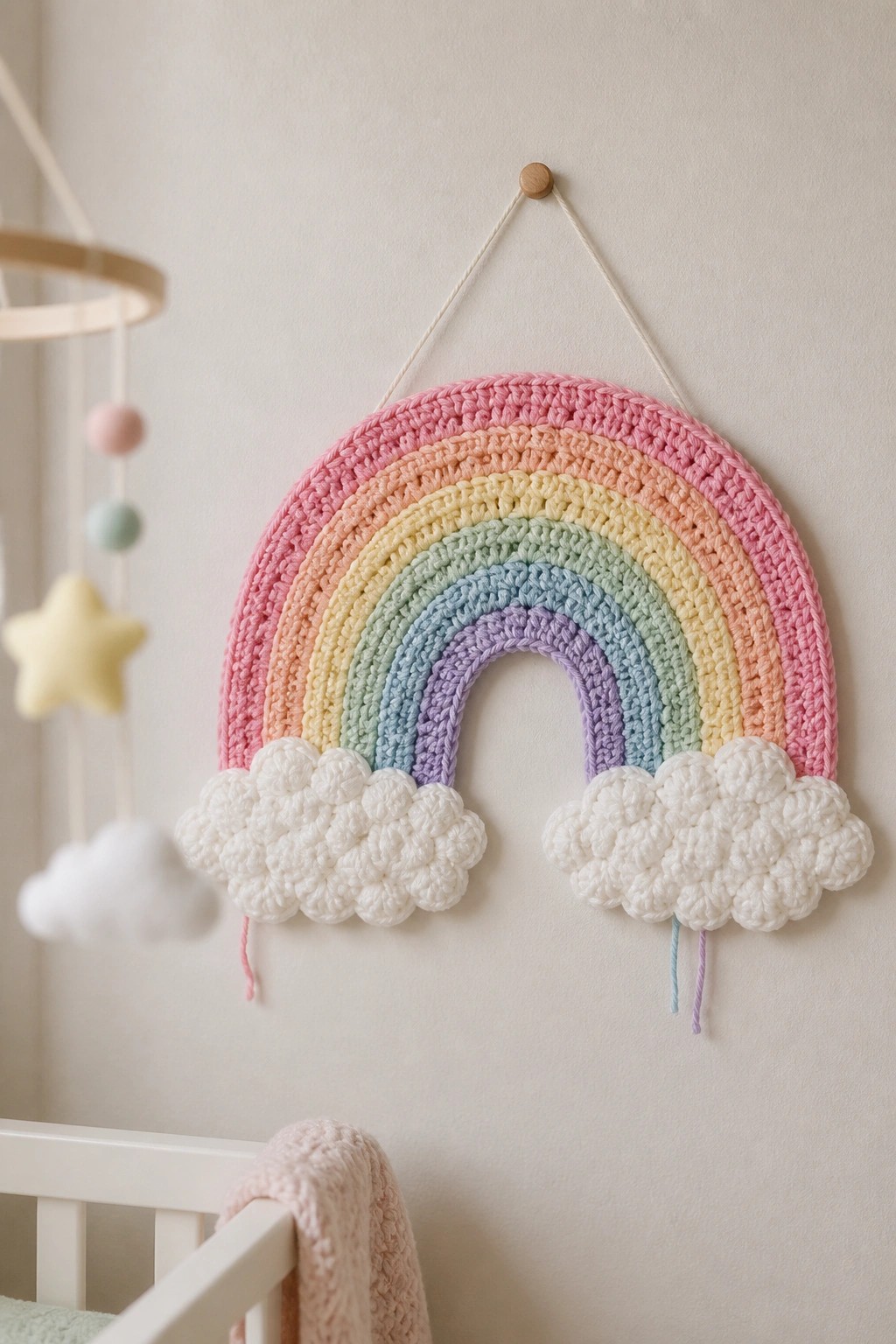 Pastel crocheted rainbow wall hanging with fluffy white clouds in nursery