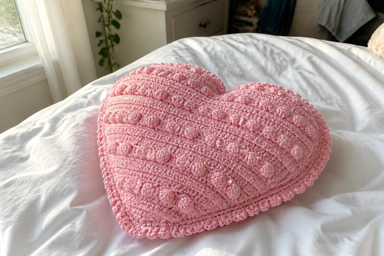 Pink crocheted heart pillow with bobble texture on white rumpled bedding