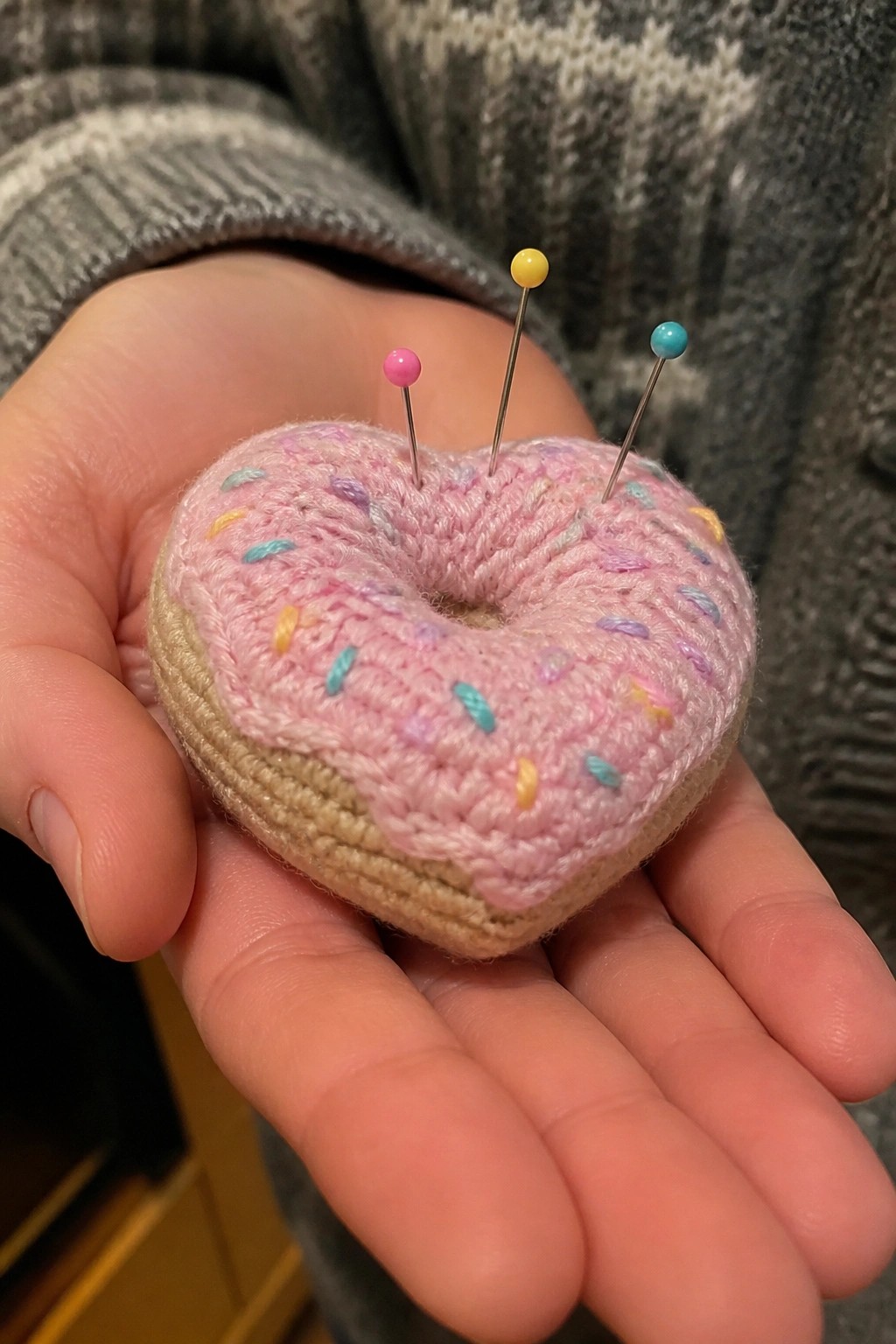 Hand in gray sweater holding pink crocheted heart donut pincushion with three pins.