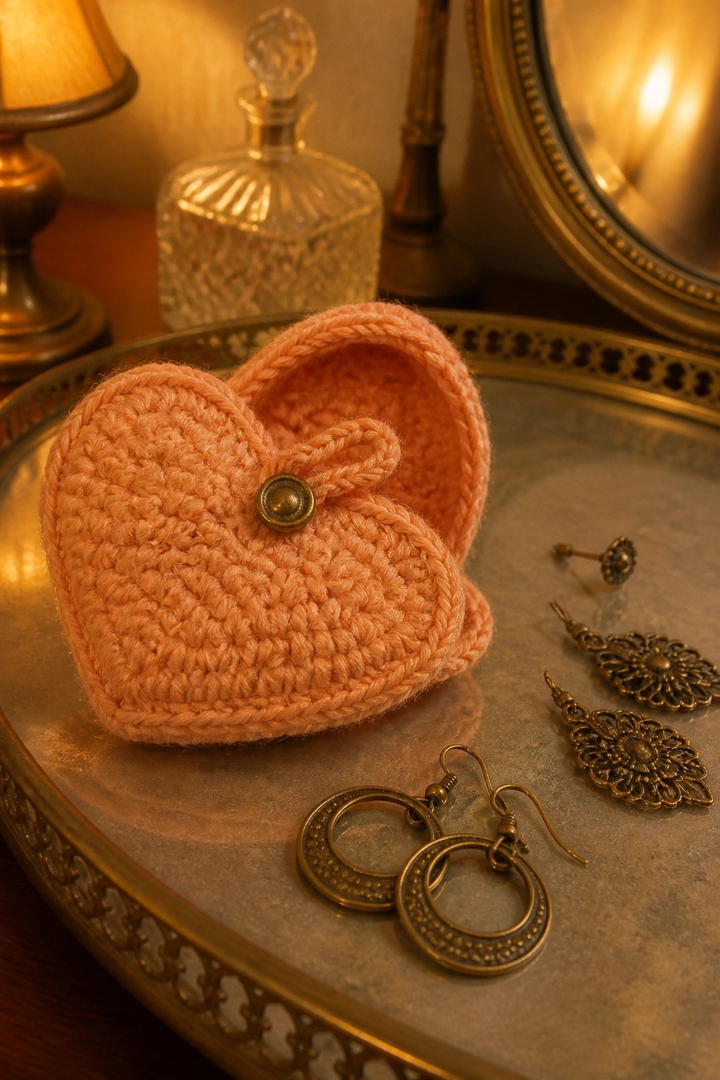 Crocheted pink heart pouch with button beside bronze earrings on golden tray