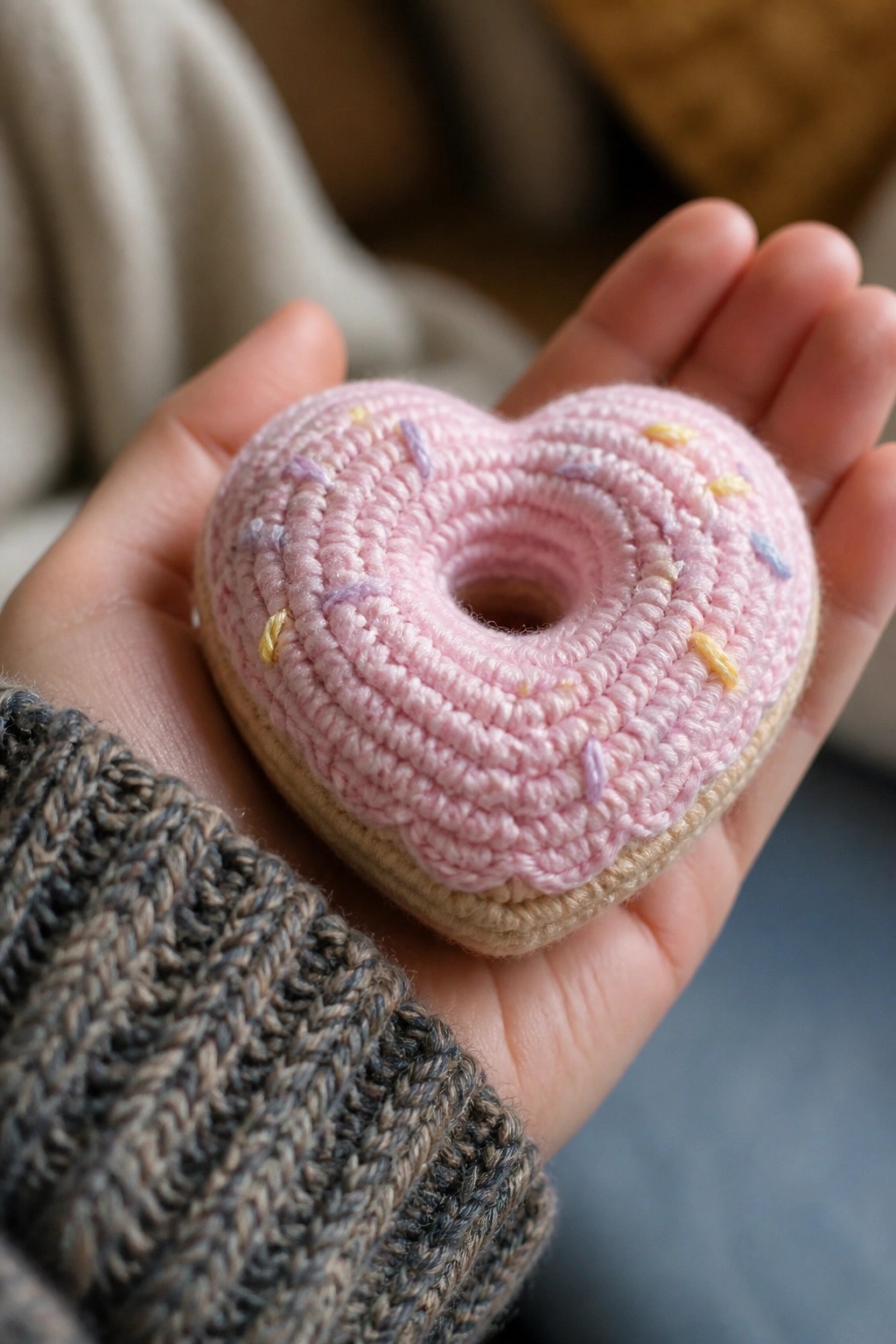 Hand in gray knit holding pink crocheted heart donut with pastel sprinkles