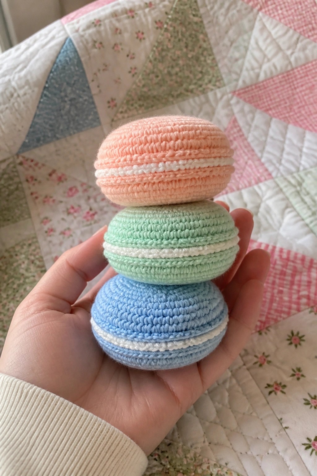 Hand holding stacked peach, mint green, and blue crocheted macarons on quilted blanket