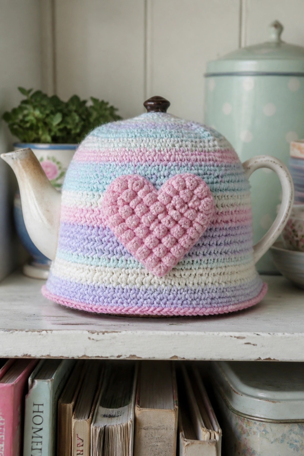 Pastel striped crocheted tea cozy with pink heart on white teapot on shelf