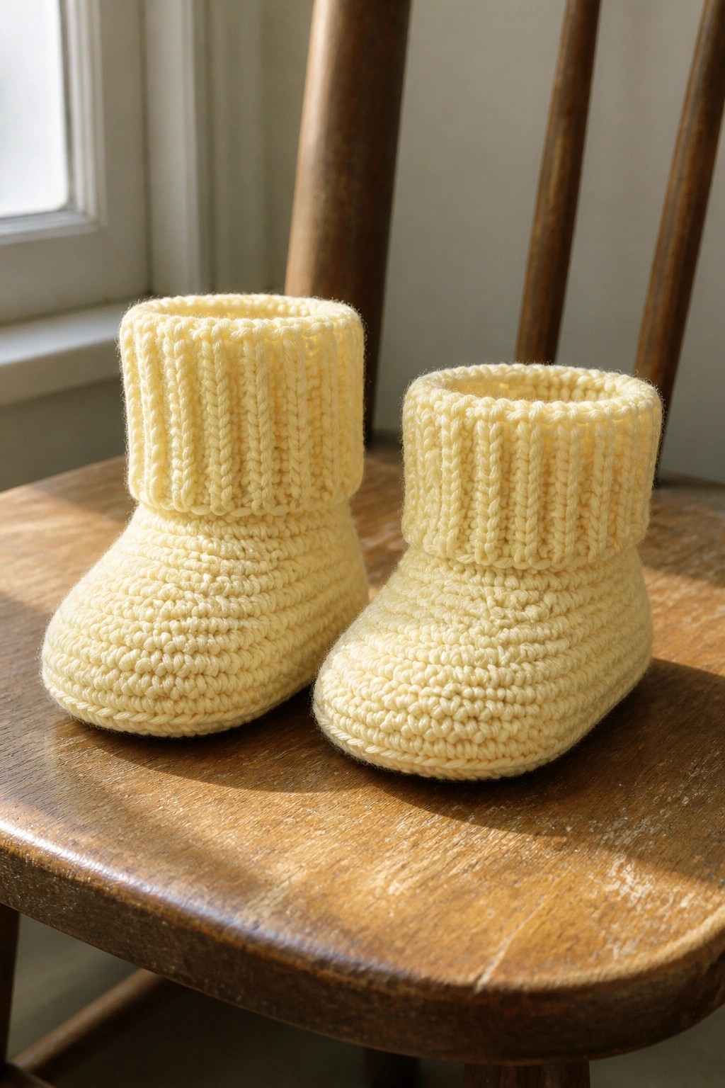 Pair of pale yellow knitted baby booties on a wooden chair