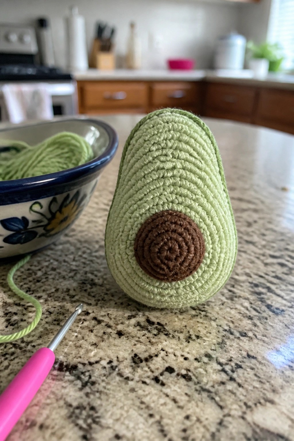 Crocheted green avocado with brown pit on kitchen counter beside pink hook and yarn bowl