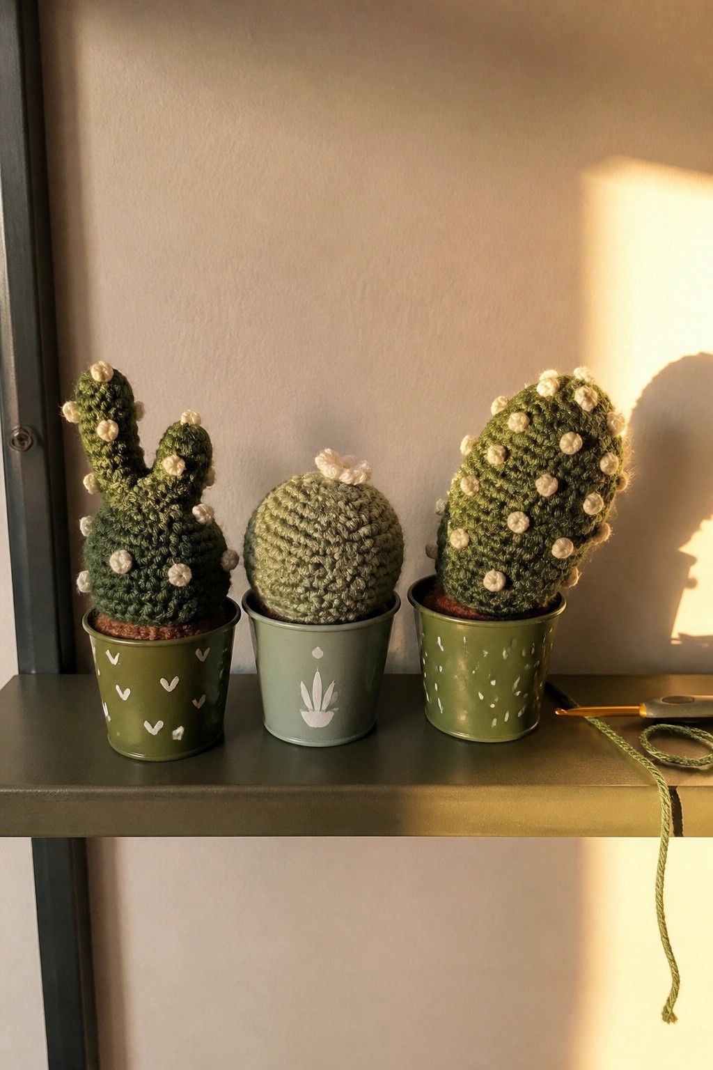 Three crocheted cacti of different shapes sit in decorated metal pots on a dark shelf next to a crochet hook and yarn.