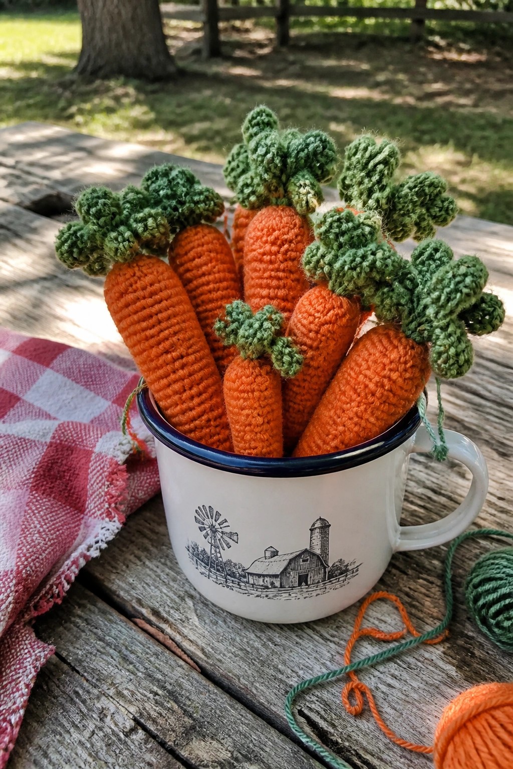 Crocheted orange carrots with green tops in farm-print mug on wooden table with yarn