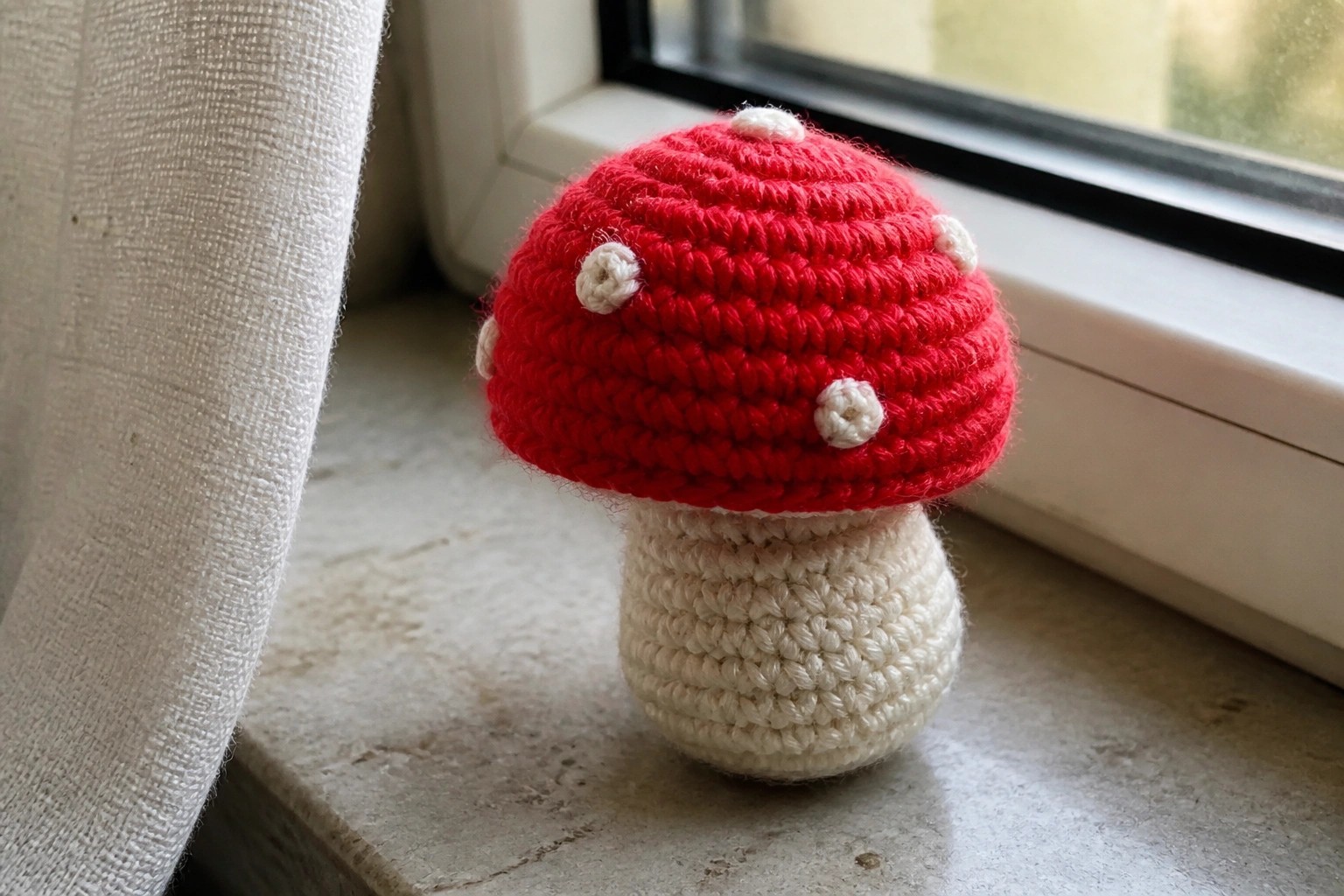 A small crocheted mushroom with a red spotted cap and beige stem rests on a gray windowsill beside a lace curtain.