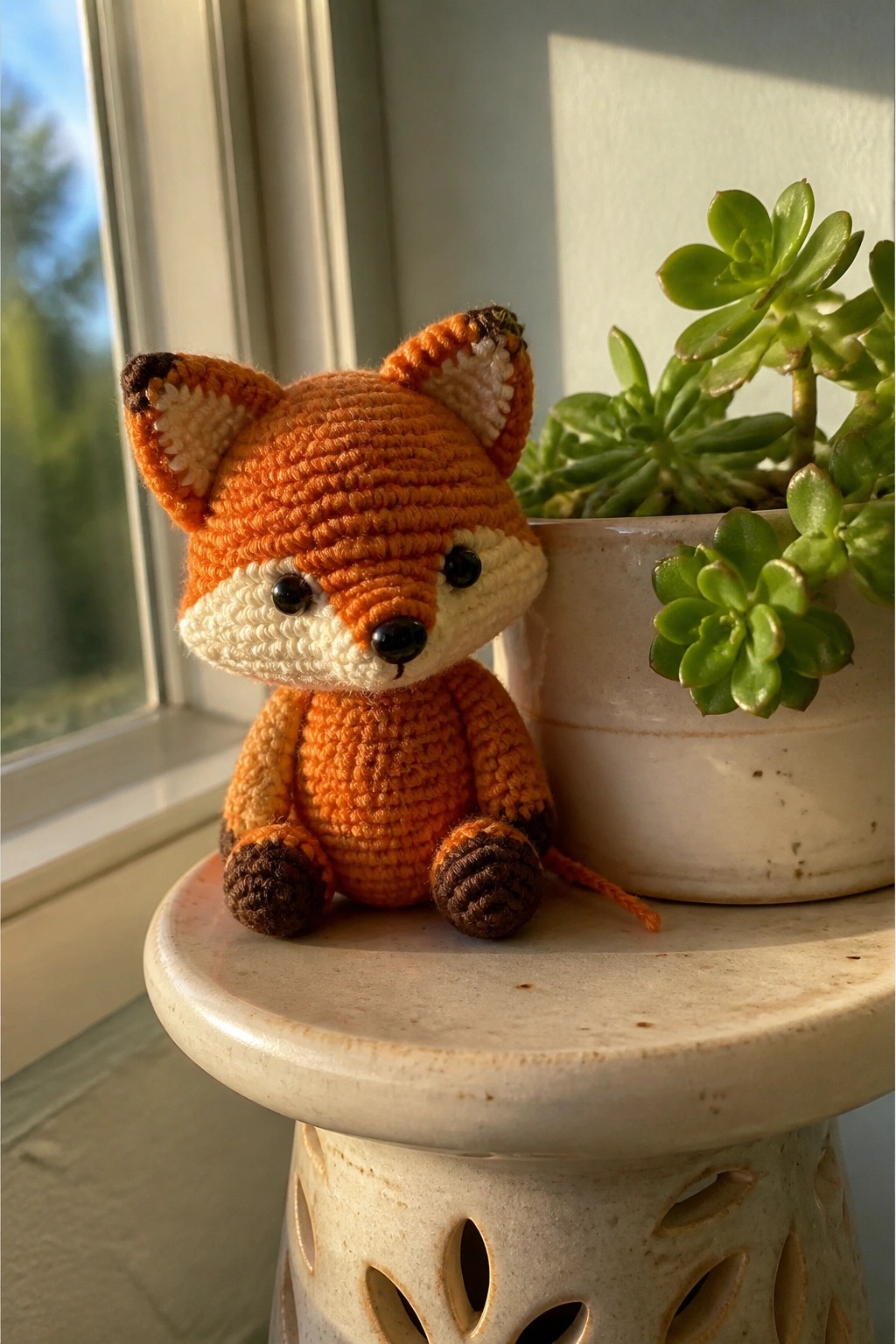 Crocheted orange fox toy on ceramic stool beside potted green succulent in sunlight