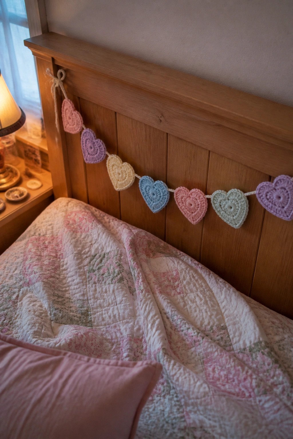 Pastel crocheted hearts garland on wooden headboard above floral quilted bed