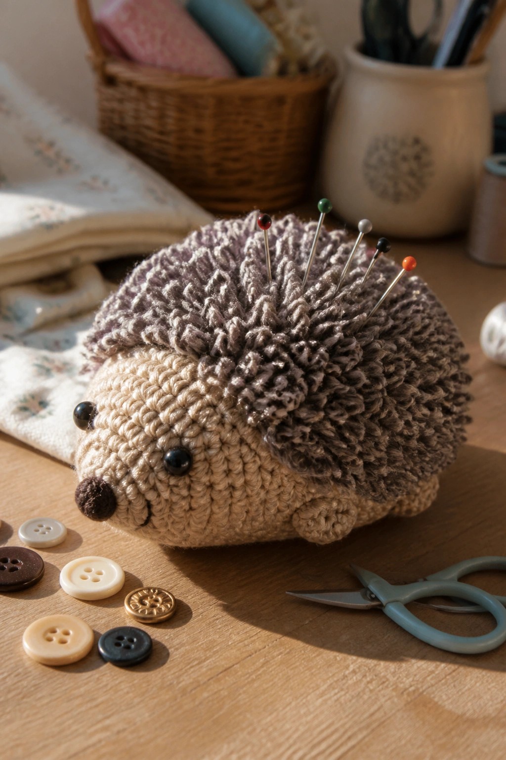 Crocheted hedgehog pincushion with pins on wooden table amid buttons and scissors
