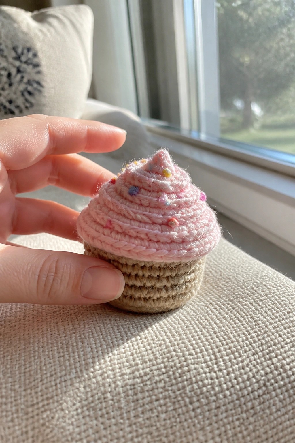 A small crocheted cupcake with pink top and beige base sits on fabric near a window.