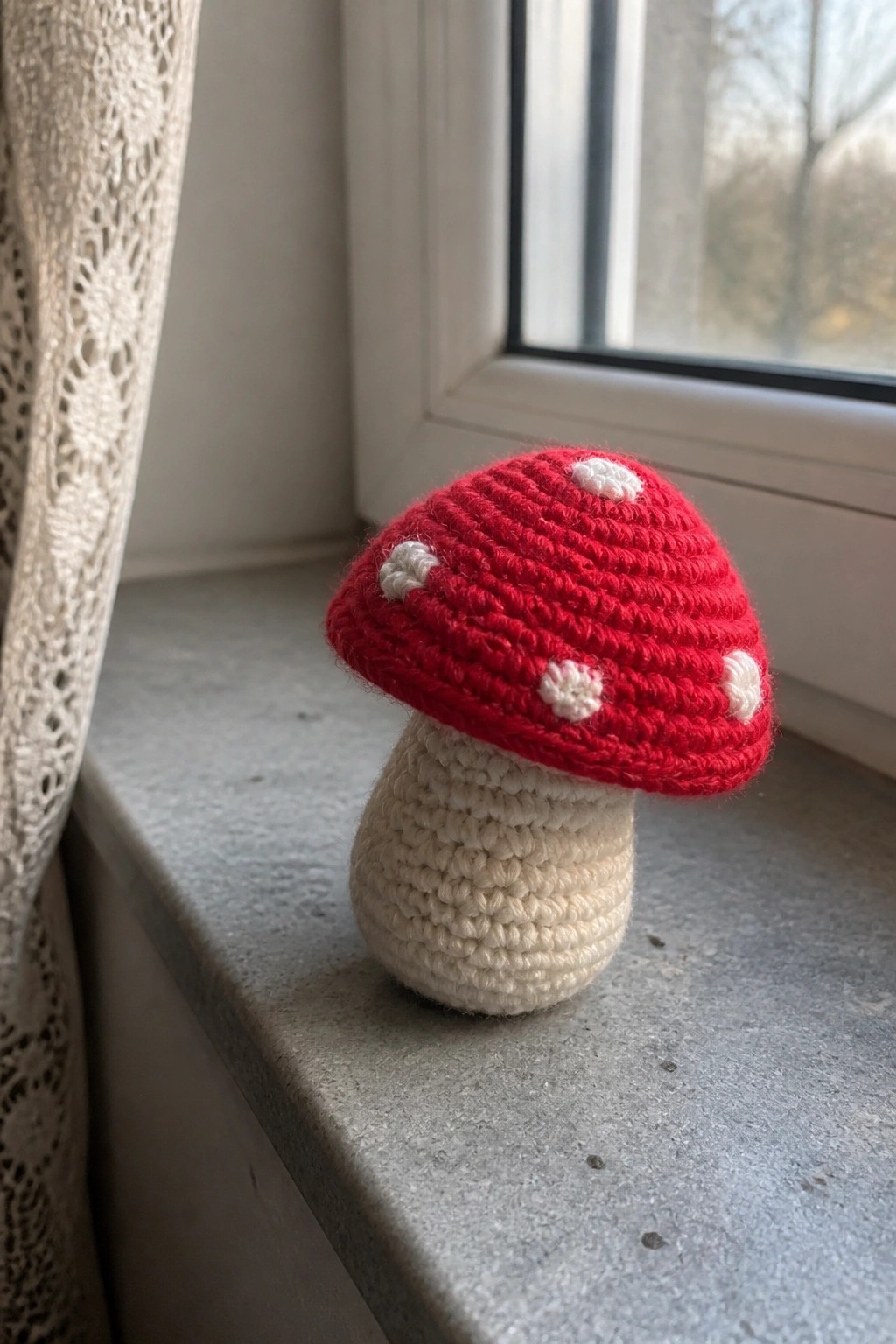 A small crocheted mushroom with a red spotted cap and beige stem rests on a gray windowsill beside a lace curtain.