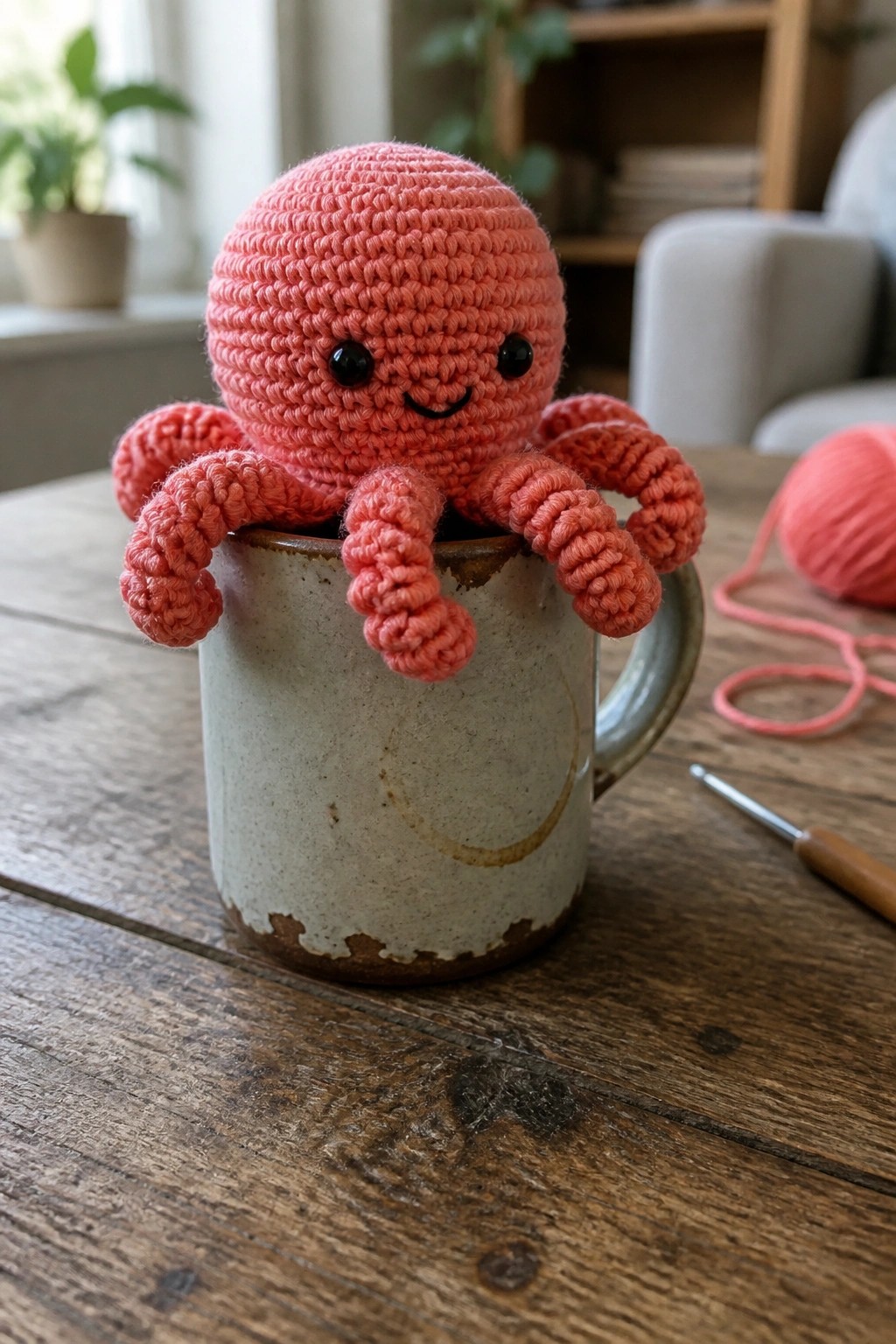 Pink crocheted octopus in ceramic mug on wooden table with pink yarn and hook