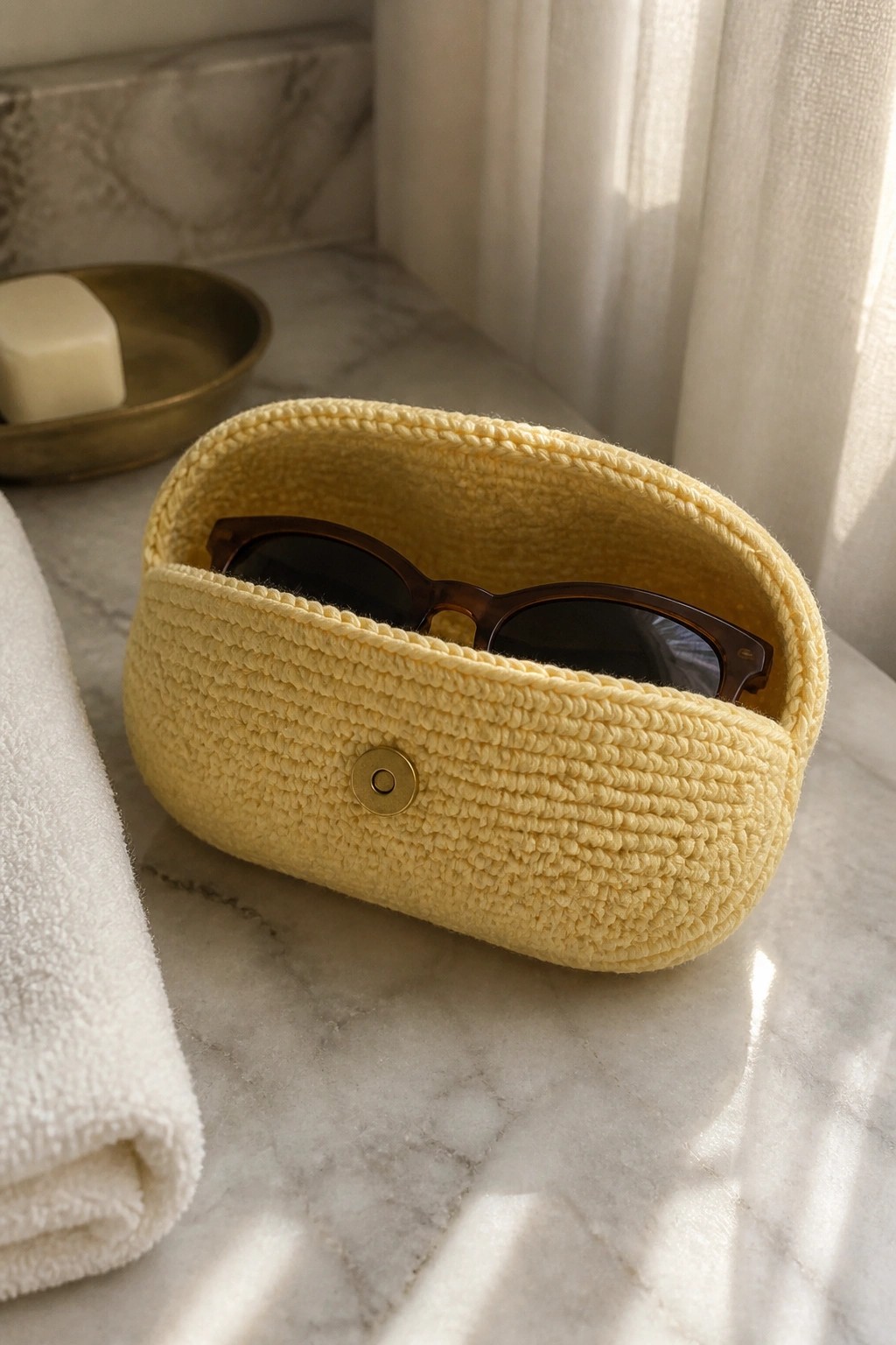Yellow woven pouch with tortoiseshell sunglasses on marble counter beside brass soap dish