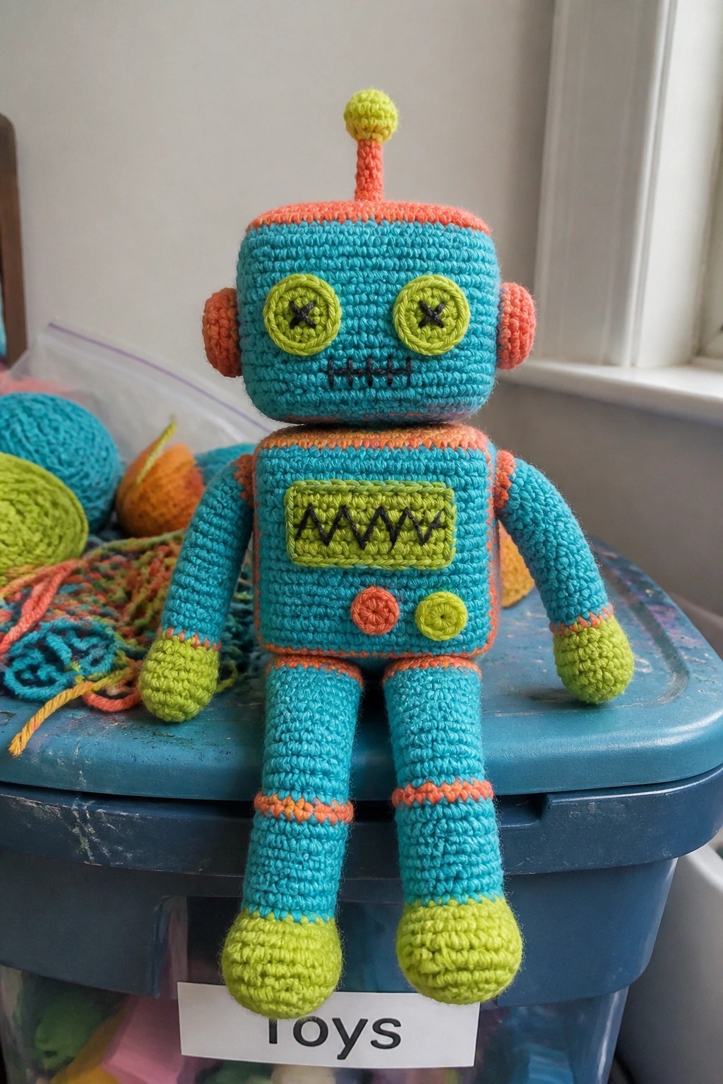 A crocheted turquoise robot toy with orange and lime green accents sits on a blue storage bin labeled Toys.