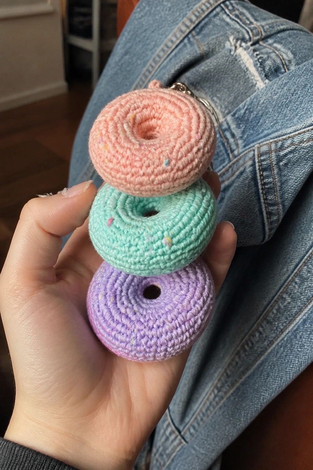 Hand holding stacked pink, mint green, and purple crocheted donut keychains on jeans