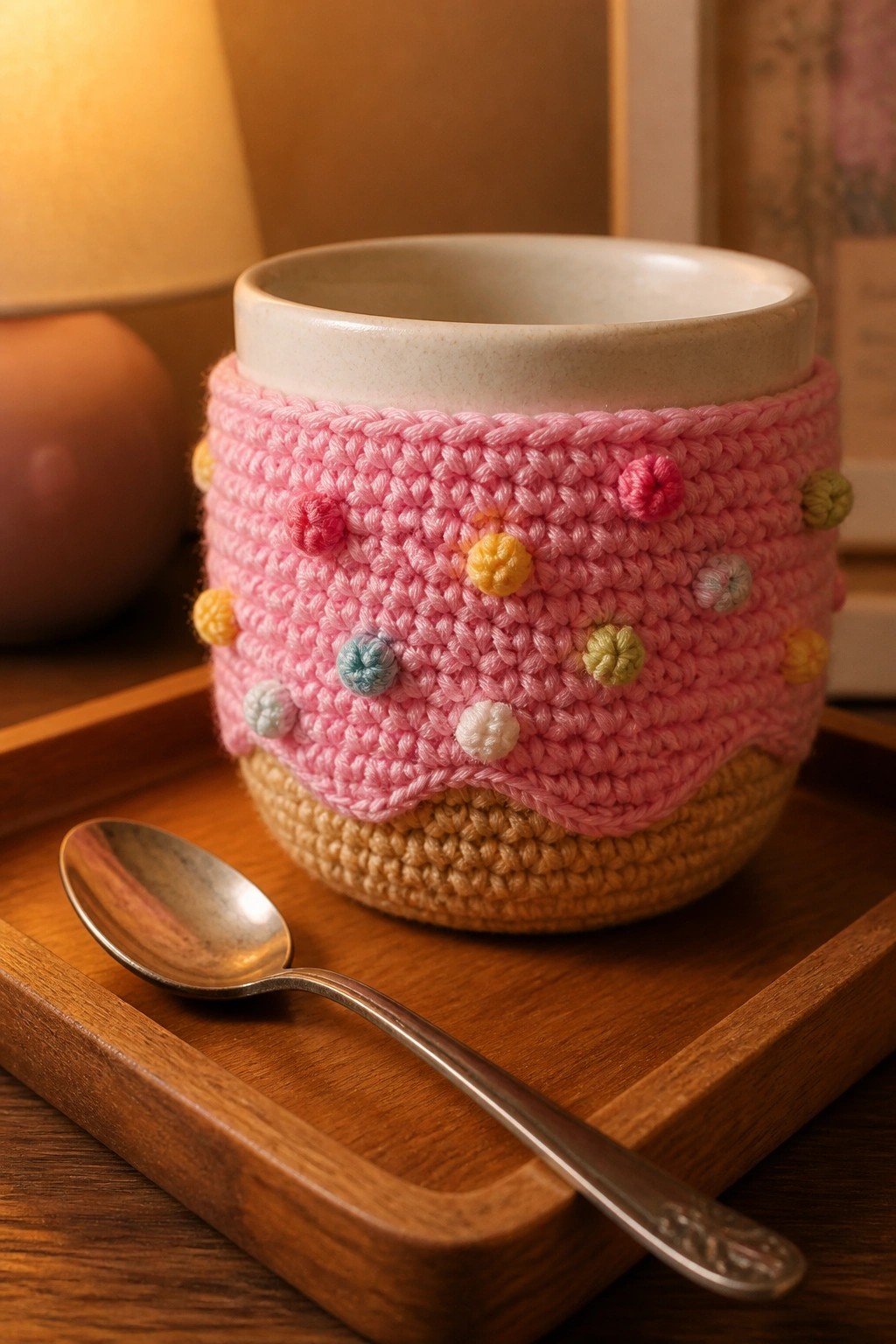 Pink crocheted cozy with colorful pom-poms on mug beside spoon on wooden tray.