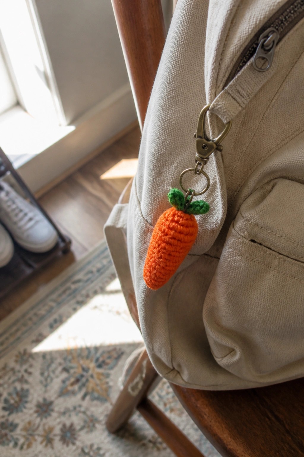 Beige canvas backpack with orange crocheted carrot keychain on wooden chair