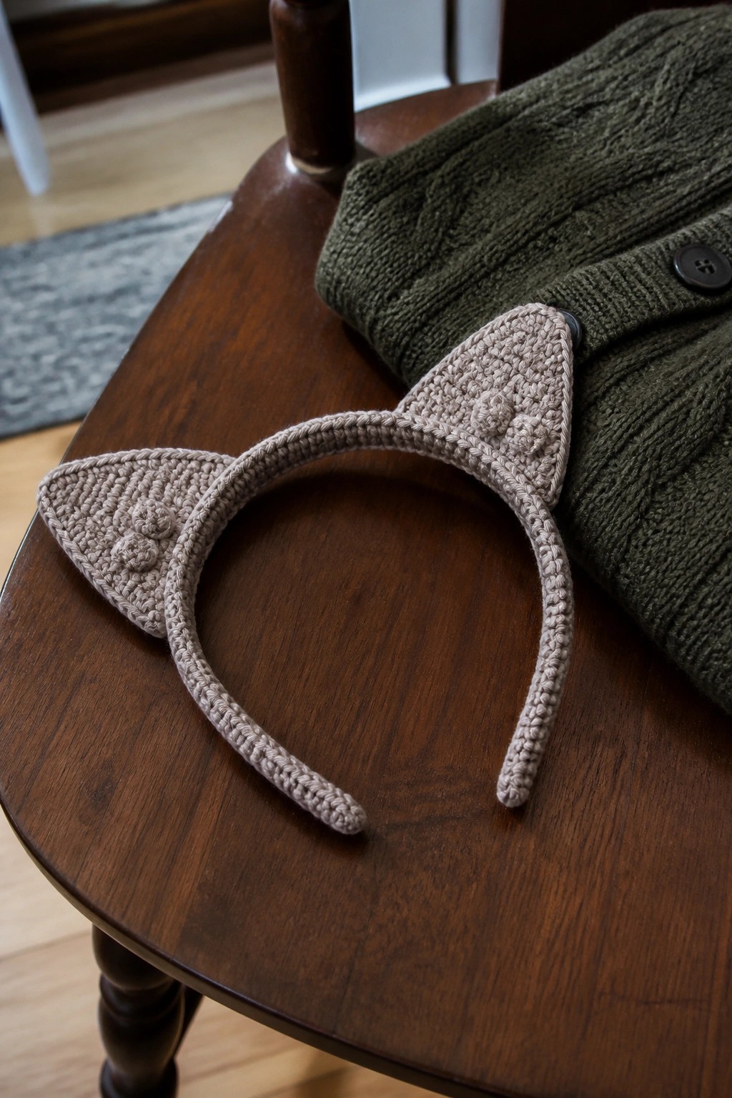 Crocheted beige cat-ear headband beside green cable-knit cardigan on dark wood chair.