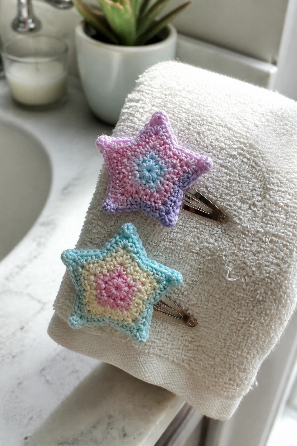 Two pastel crocheted star hair clips on a white bathroom towel