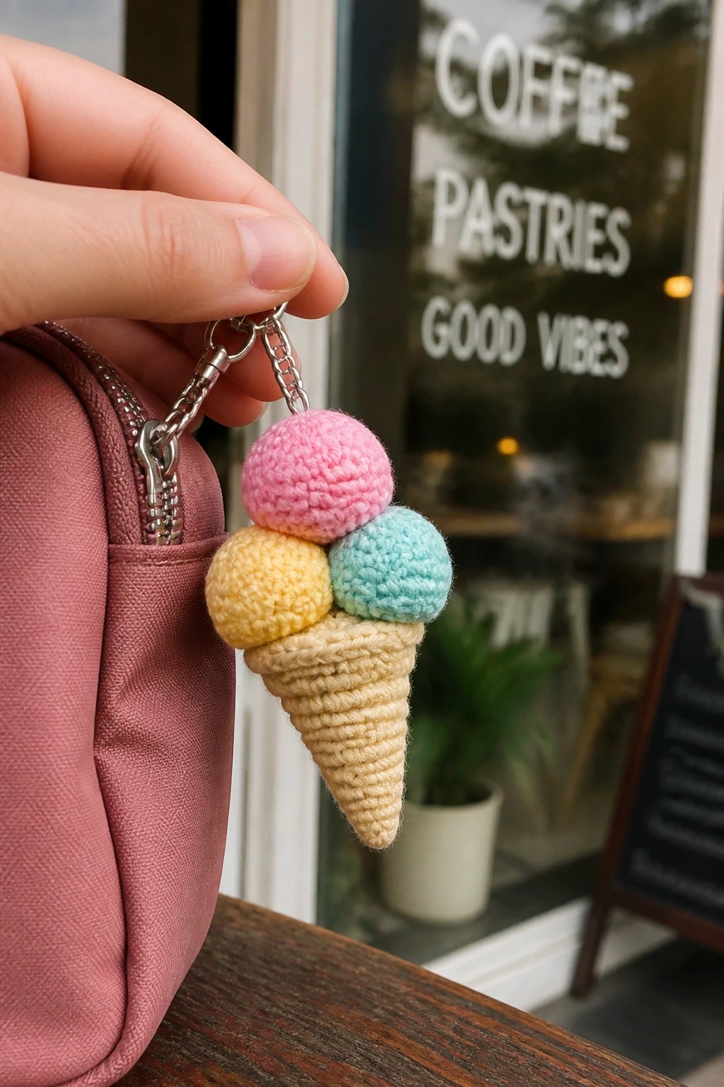 Hand holding crocheted pink-yellow-blue ice cream cone keychain on pink bag