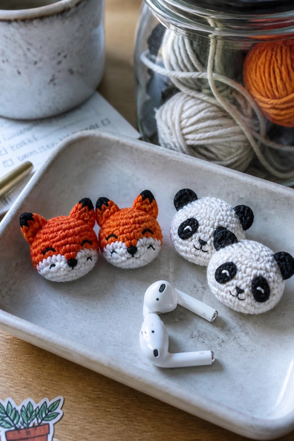 Crocheted orange foxes and pandas with white earbuds on a ceramic tray
