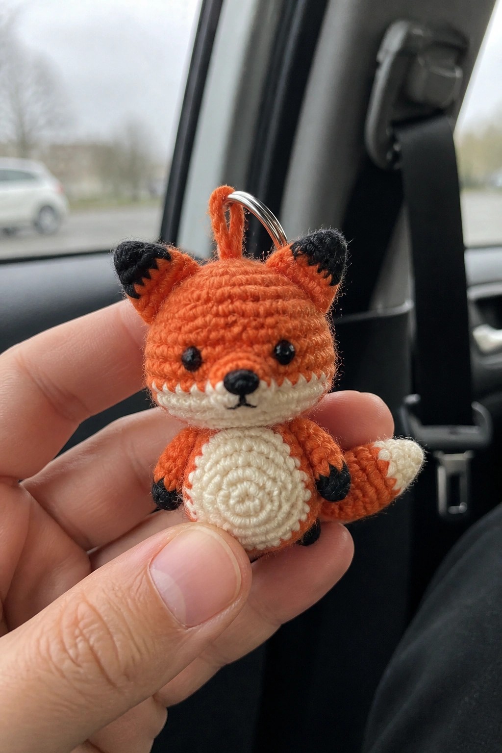 Hand holding small orange crocheted fox keychain with black accents in a car